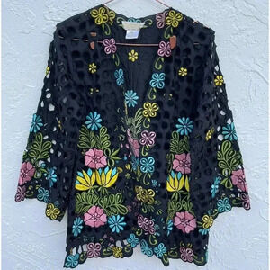 International Apparel Mart Womens Embroidered Floral Top Blouse Black Sz Small